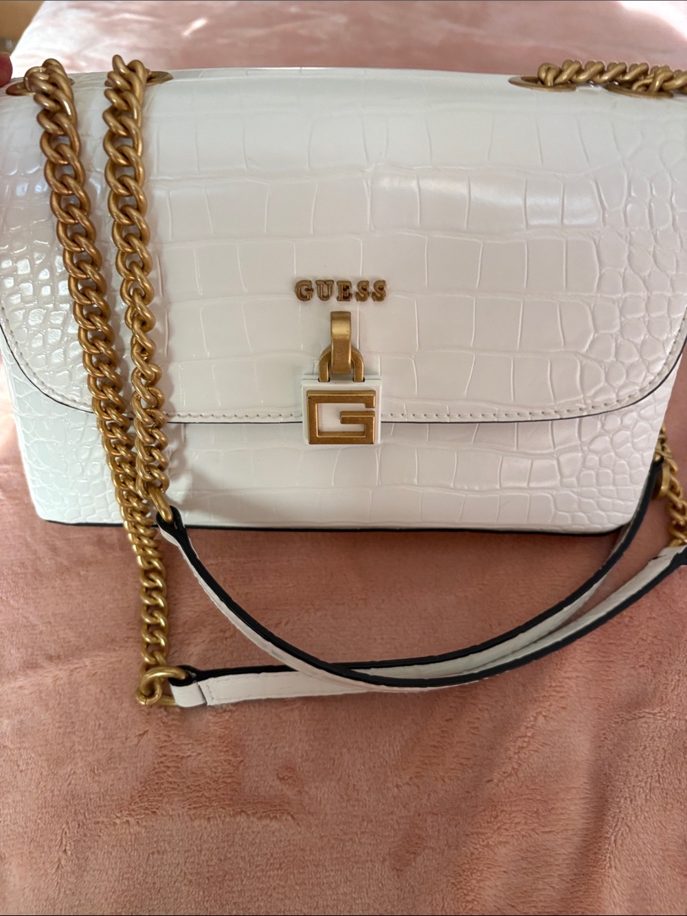 GUESS White Croc-Embossed Chain Crossbody Bag with Gold Hardware
